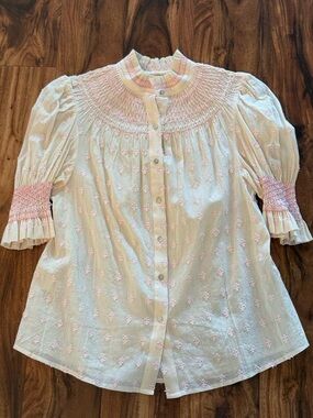 Andion Spain Women’s Hand Smocked Amelia Blouse Medium Embrd Floral Shirt S M